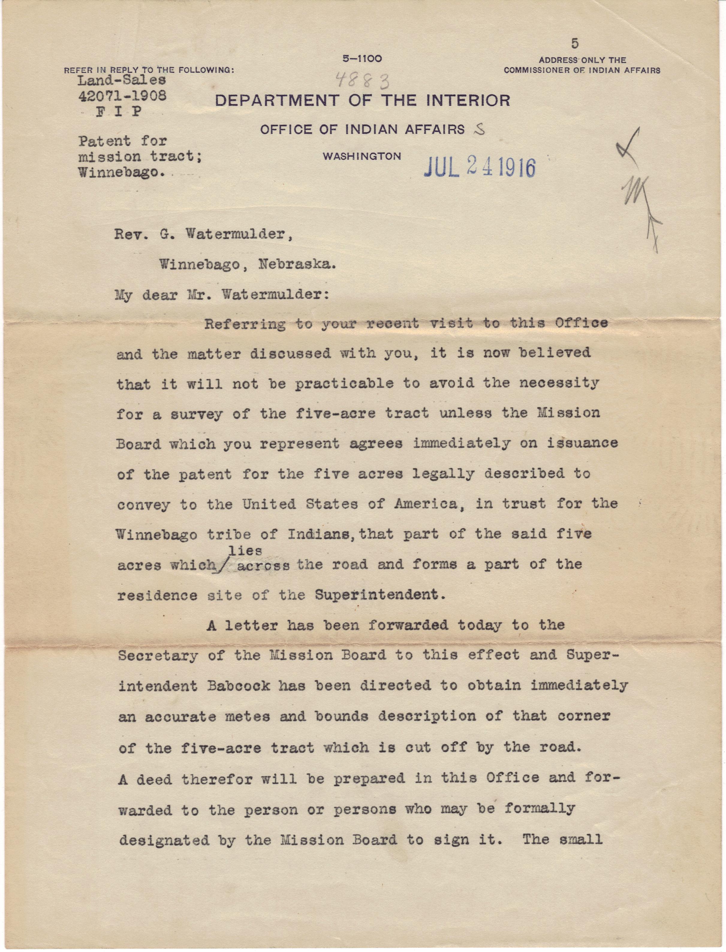 July 24, 1916: Need for a survey of cemetary property (1)